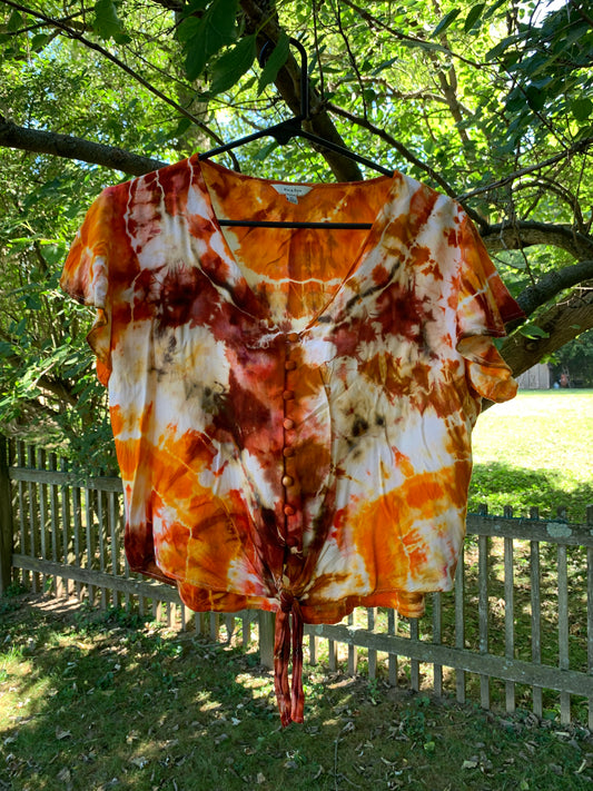 “Stonefruit” Upcycled Button Up ~ size XL